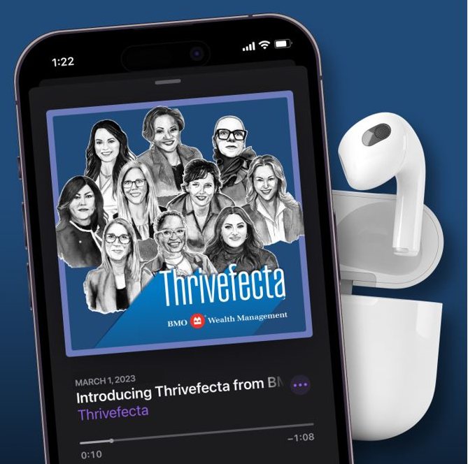 An image of a phone with the Thrivefecta Podcast player on the screen and a set of headphones.